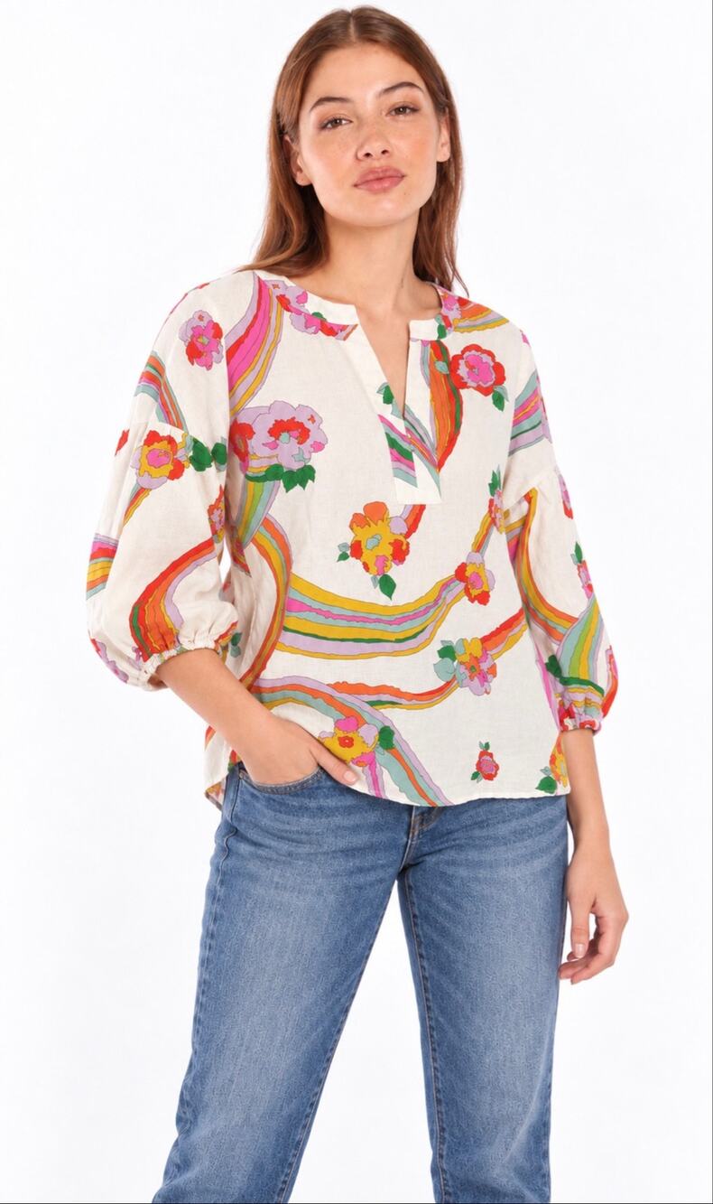 Vilagallo Linen Split Neck Dani Top in Brisbane Print Size 44 (US XL)